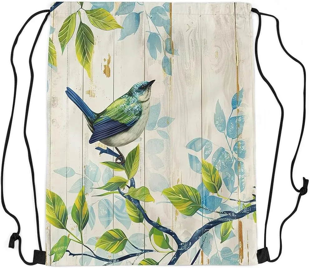 Erosebridal Sparrow Drawstring Backpack 13x15.7,Birds on the Branch Drawstring Bags,Rustic Farmhouse Wooden Board Barn Draw String Back Bag,Tropical Botanical Leaves Cinch Bag,Green Beige