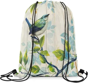 Erosebridal Sparrow Drawstring Backpack 13x15.7,Birds on the Branch Drawstring Bags,Rustic Farmhouse Wooden Board Barn Draw String Back Bag,Tropical Botanical Leaves Cinch Bag,Green Beige