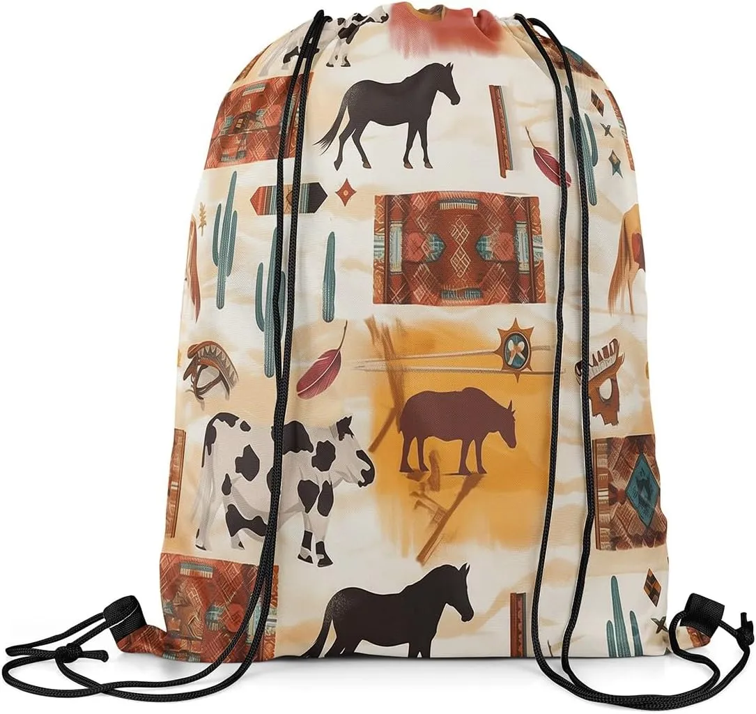 Erosebridal Tribal Cow Horse Drawstring Bags,Tropical Cactus Botanical Drawstring Backpack,Retro Vintage Checkered Buffalo Plaid Draw String Back Bag,Rustic Farmhouse Animal String Backpack,13x15.7