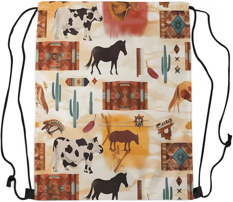 Erosebridal Tribal Cow Horse Drawstring Bags,Tropical Cactus Botanical Drawstring Backpack,Retro Vintage Checkered Buffalo Plaid Draw String Back Bag,Rustic Farmhouse Animal String Backpack,13x15.7
