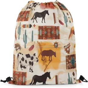 Erosebridal Tribal Cow Horse Drawstring Bags,Tropical Cactus Botanical Drawstring Backpack,Retro Vintage Checkered Buffalo Plaid Draw String Back Bag,Rustic Farmhouse Animal String Backpack,13x15.7