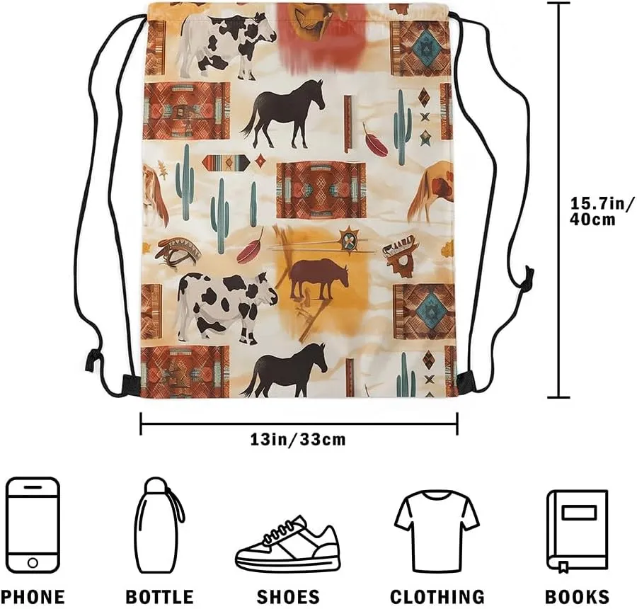 Erosebridal Tribal Cow Horse Drawstring Bags,Tropical Cactus Botanical Drawstring Backpack,Retro Vintage Checkered Buffalo Plaid Draw String Back Bag,Rustic Farmhouse Animal String Backpack,13x15.7