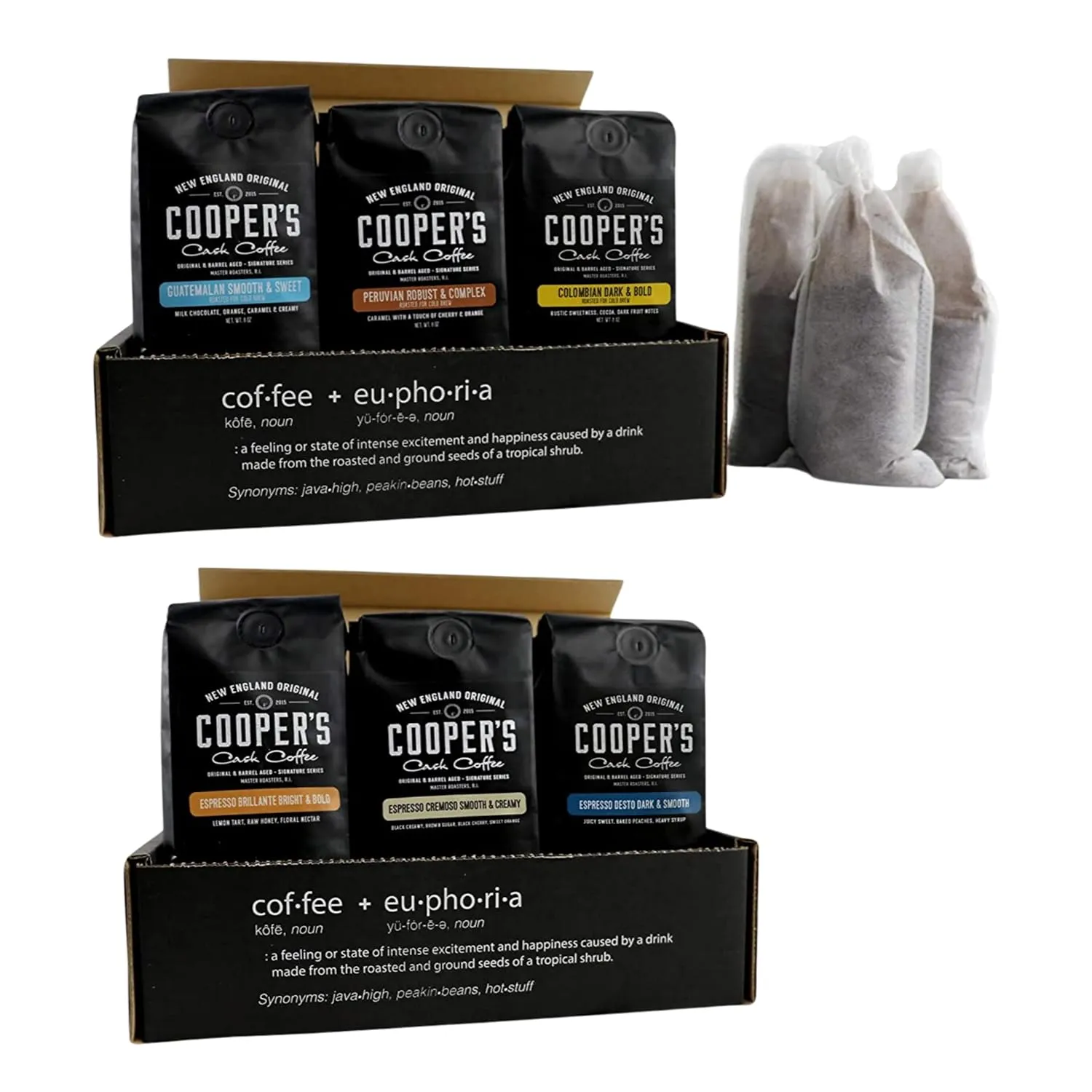 Espresso Coffee Box Set - Ground 3 Bag Gift or Sample Set 24oz and Cold Brew Coffee Box Set - 6 Filter Bags Included - Ground 1.5 lbs