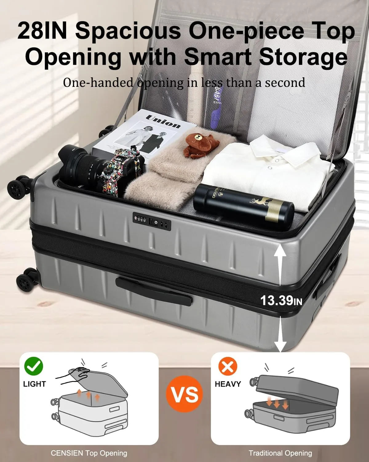 Expandable Checked Luggage, 28 Inch Luggage with Spinner Wheels, Lightweight ABS PC Hard Shell Large Suitcase with Top Opening, TSA Lock (Dark Gray, 1PC)