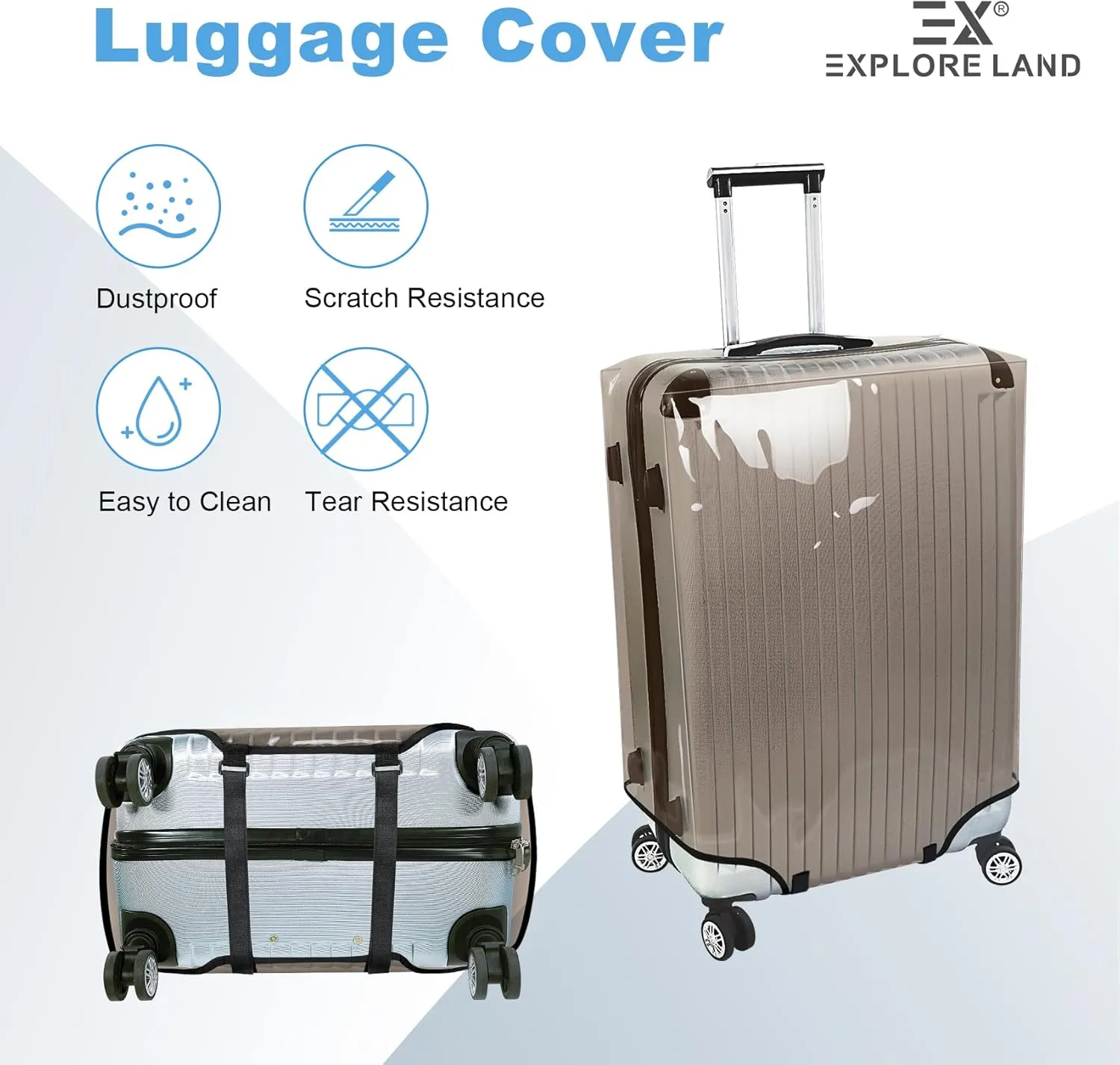 Explore Land Clear Luggage Cover Tough Protector Fits for 23-26 Inches Suitcase for Travel Airplane (PVC Dark Gray, M)