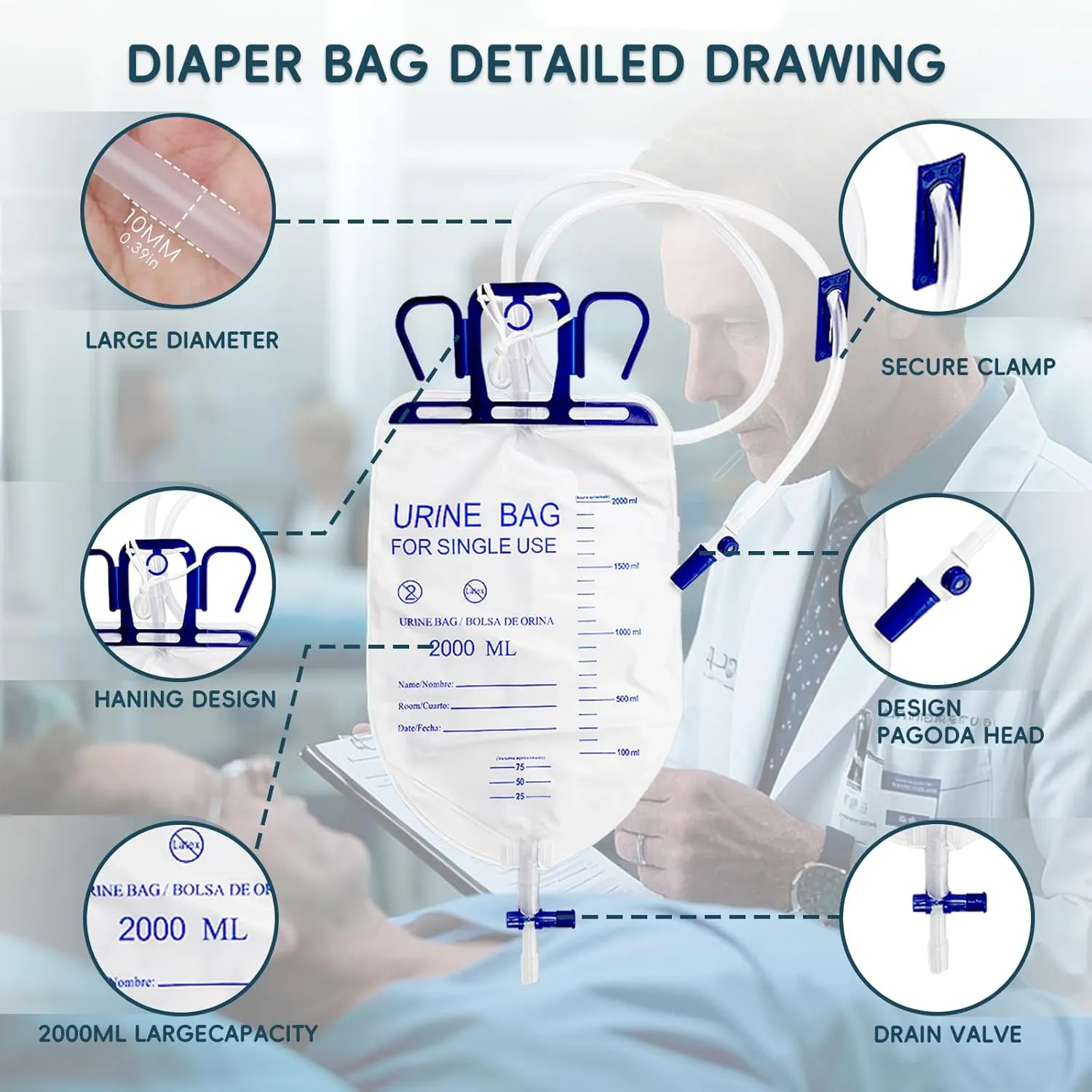External Condom Catheters for Elderly Men Age 80,20pcs Latex Sets,1pcs 2000ml Catheter Bags,2pcs 1000ml Leg Urine Drainage Bags,5pcs Catheter Stabilization Device,1Tapes(1.18inch/30mm/Medium Size)