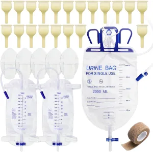 External Condom Catheters for Elderly Men Age 80,20pcs Latex Sets,1pcs 2000ml Catheter Bags,2pcs 1000ml Leg Urine Drainage Bags,5pcs Catheter Stabilization Device,1Tapes(1.18inch/30mm/Medium Size)