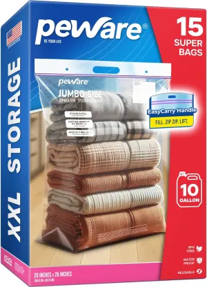 Extra Large Storage Bags with Zipper Seal, Jumbo XL Resealable Plastic Bags, 10 Gallon for Clothes, Food, Bedding, or Travel, 20"x26" [15 Pack]
