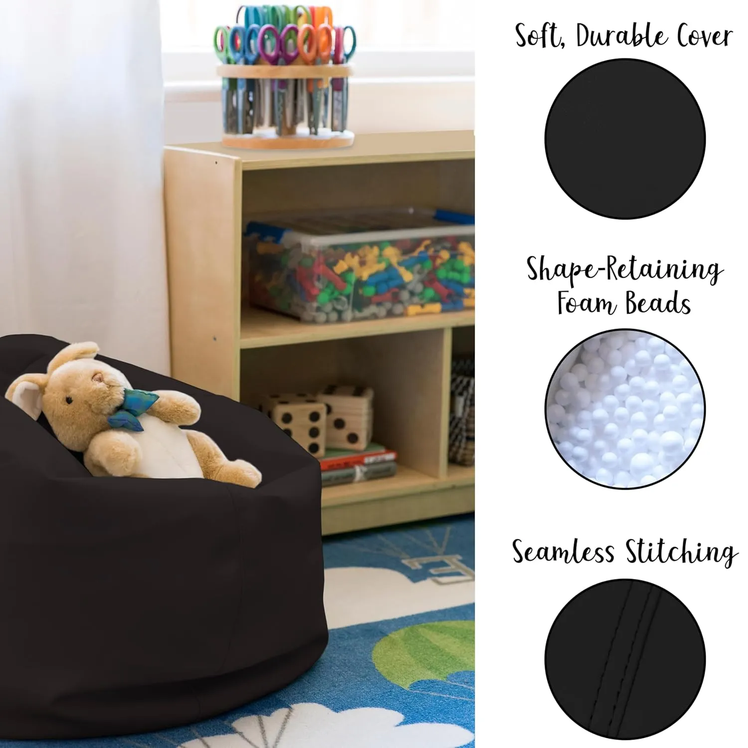 Factory Direct Partners 10477-BK SoftScape Classic 26" Junior Bean Bag Chair, Furniture for Kids, Libraries or Home - Black