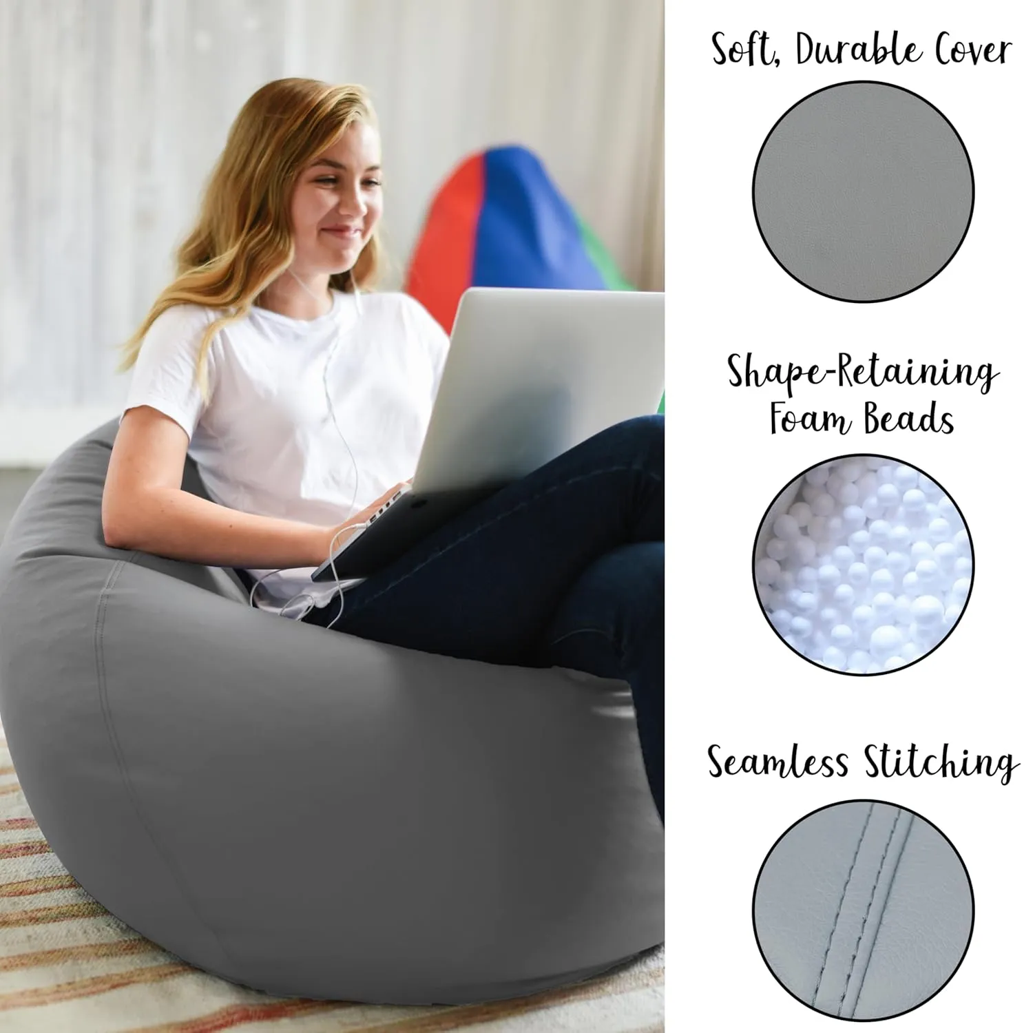 Factory Direct Partners 10478-GY SoftScape Classic 35" Junior Bean Bag Chair, Furniture for Kids, Libraries or Home - Gray