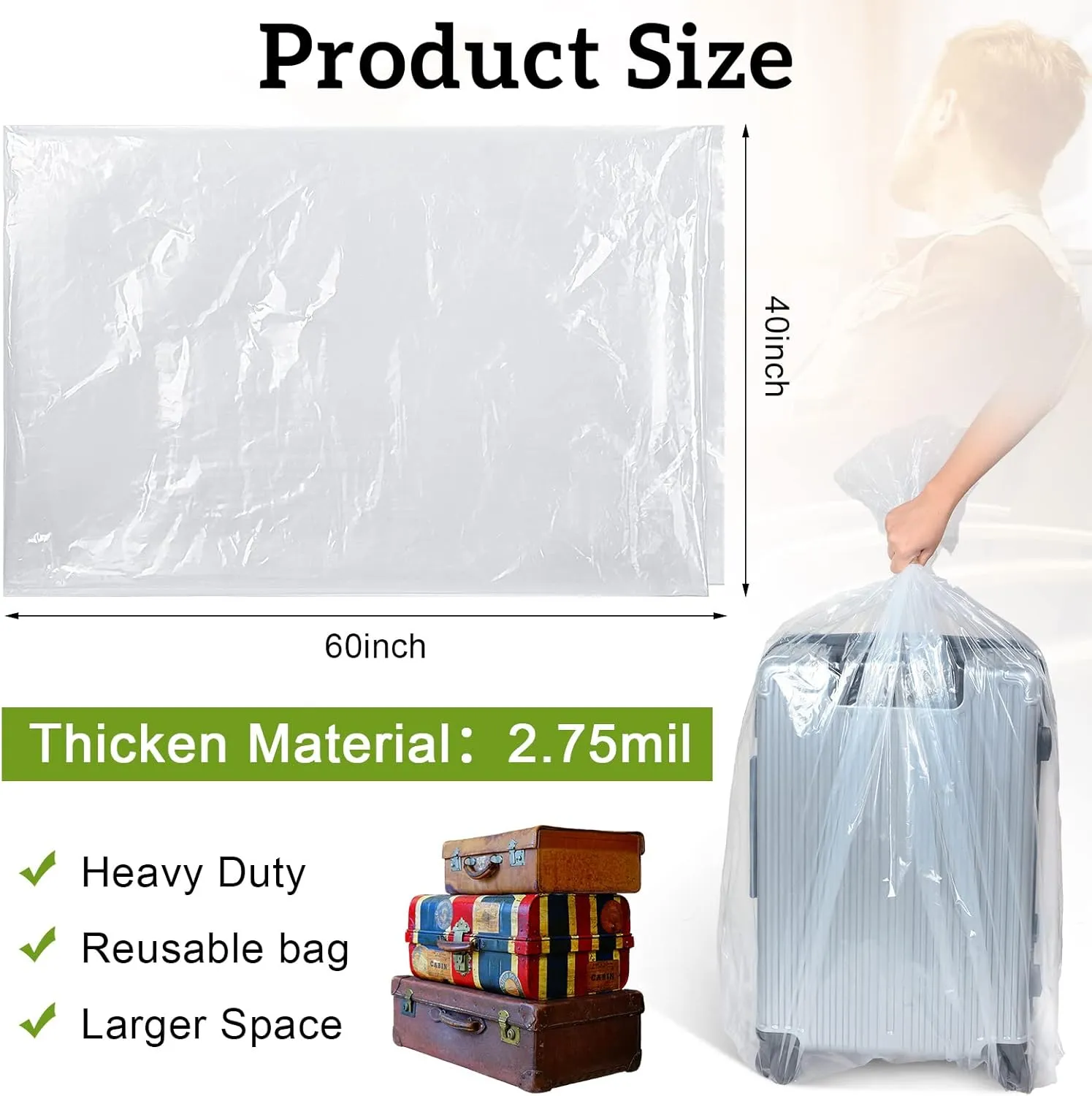 Fainne 10 Pack Extra Large Clear Plastic Storage Bags 40 x 60 Inch 2.75 Mils Giant Jumbo Moving Flat Plastic Storage Bags for Clothes Packing Luggage Suitcase Furniture Comforter Bike Blanket