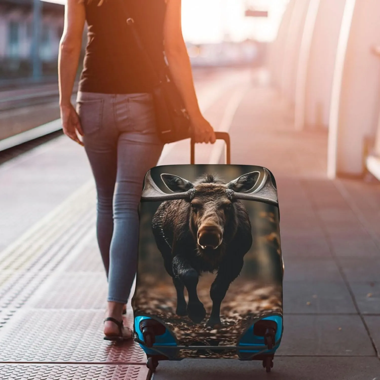 Fall Moose Deer Print Luggage Cover For Suitcases, Elastic Travel Bag For Luggage, Stylish Design