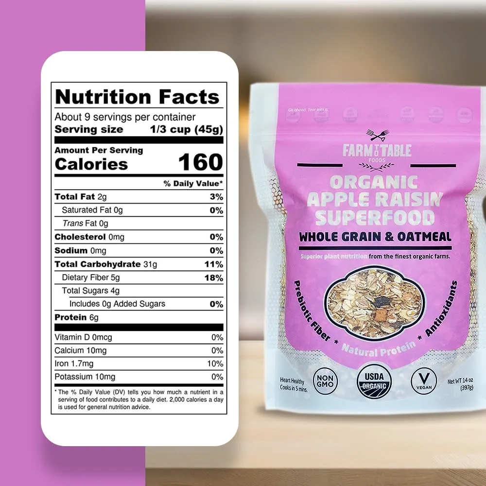 Farm to Table Foods Organic Apple Raisin Superfood Oatmeal – High-Protein, Whole Grain, Plant-Based, Unsweetened, Non-GMO – 3-Pack (14 oz. Bags)