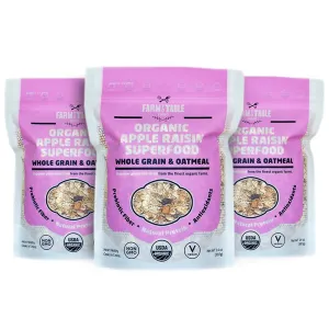 Farm to Table Foods Organic Apple Raisin Superfood Oatmeal – High-Protein, Whole Grain, Plant-Based, Unsweetened, Non-GMO – 3-Pack (14 oz. Bags)