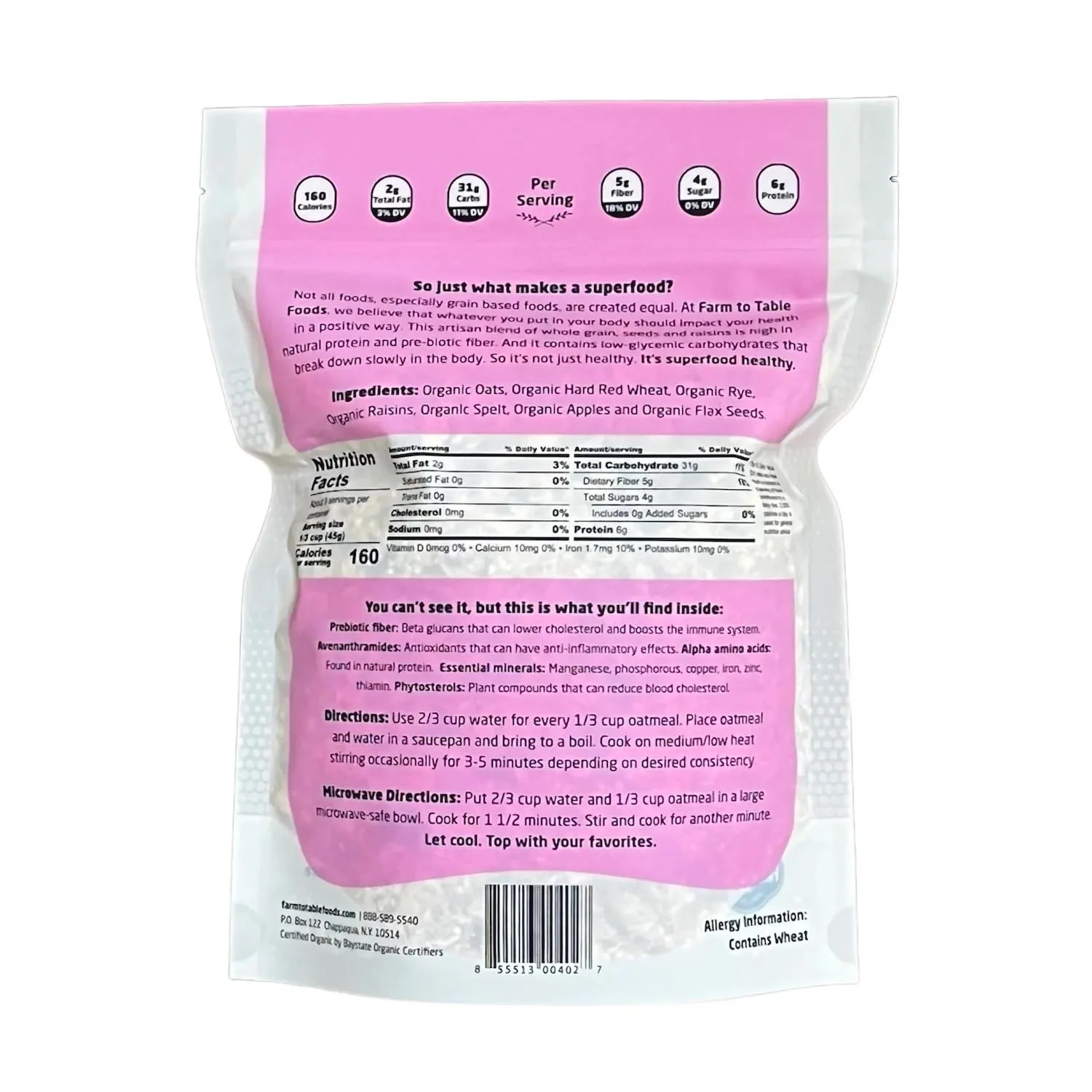 Farm to Table Foods Organic Apple Raisin Superfood Oatmeal – High-Protein, Whole Grain, Plant-Based, Unsweetened, Non-GMO – 3-Pack (14 oz. Bags)