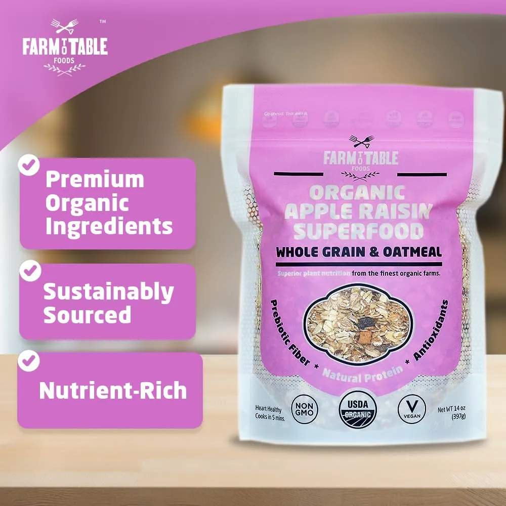 Farm to Table Foods Organic Apple Raisin Superfood Oatmeal – High-Protein, Whole Grain, Plant-Based, Unsweetened, Non-GMO – 3-Pack (14 oz. Bags)