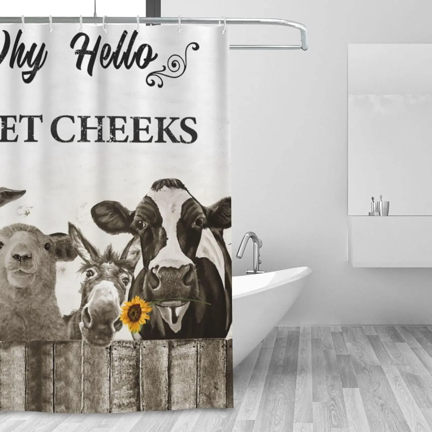 Farmhouse Animal Shower Curtain Black and White Country Cow Donkey Bathroom Shower Curtains Rustic Farm Sheep Rooster Shower Curtain Waterproof Polyester Fabric Decor with Plastic Hooks 60 x72 Inches