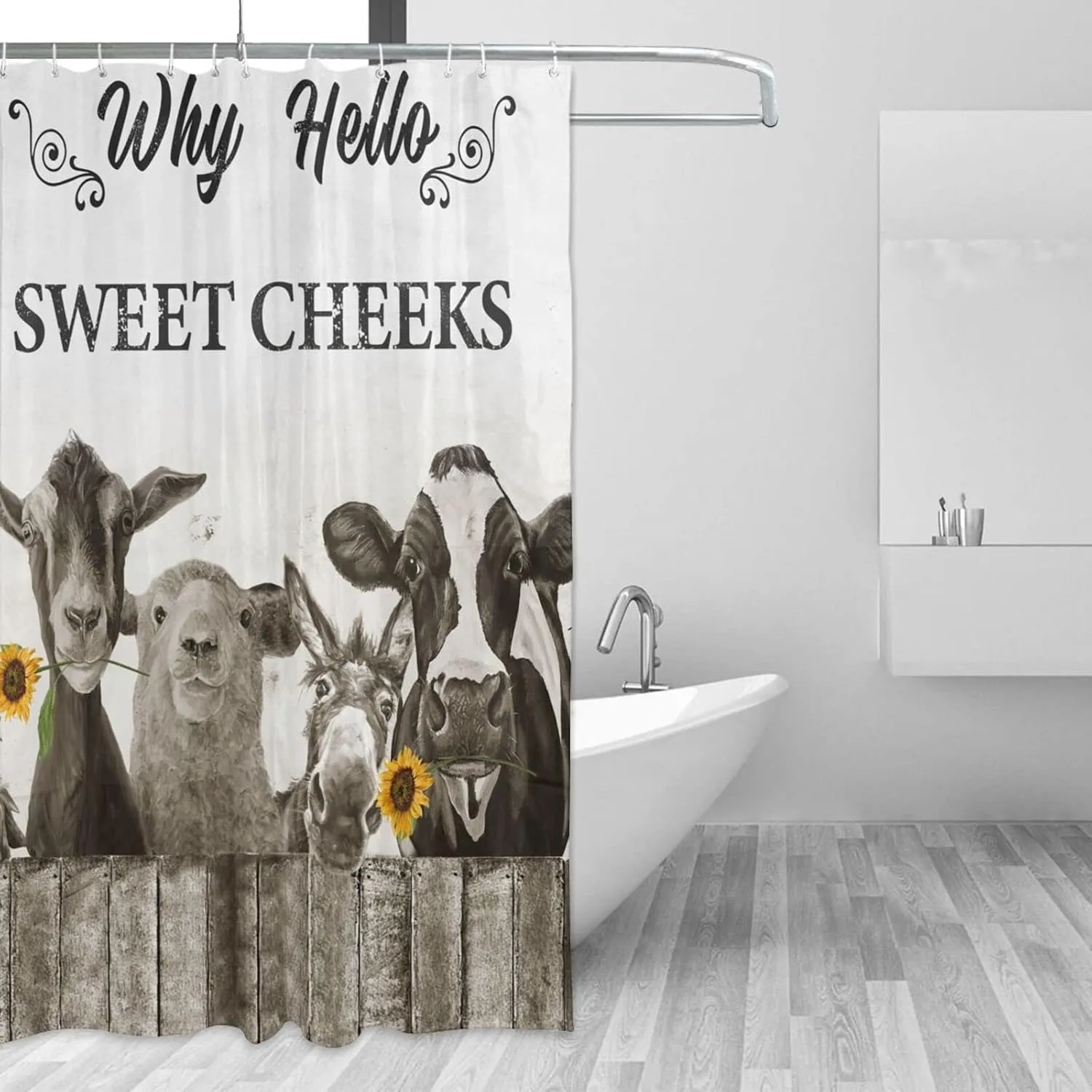 Farmhouse Animal Shower Curtain Black and White Country Cow Donkey Bathroom Shower Curtains Rustic Farm Sheep Rooster Shower Curtain Waterproof Polyester Fabric Decor with Plastic Hooks 60 x72 Inches