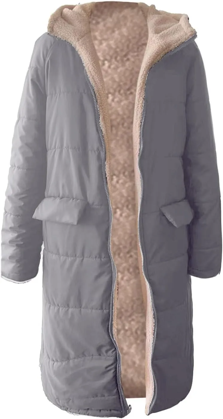 Fashionable Winter Warm Coats for Women Trendy Sherpa Fleece Lined Hooded Oversized Loose Long Sleeve Zip Up Jackets