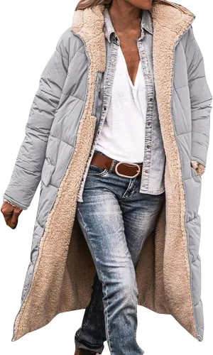 Fashionable Winter Warm Coats for Women Trendy Sherpa Fleece Lined Hooded Oversized Loose Long Sleeve Zip Up Jackets