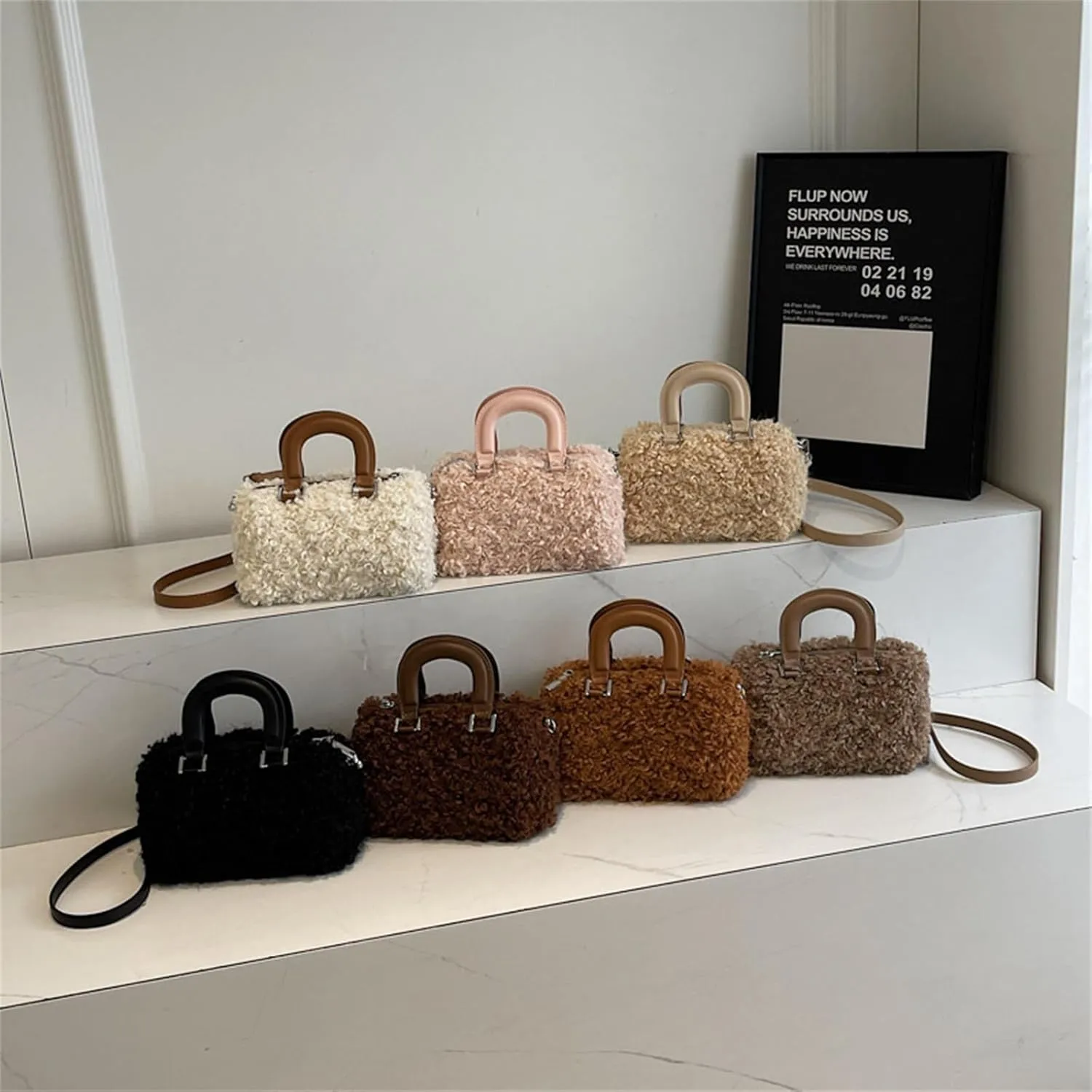 Faux Fur Crossbody Bags for Women, Fluffy Top Handle Shoulder Bag, Plush Shoulder Bag Crossbody Bag Handbag-Black