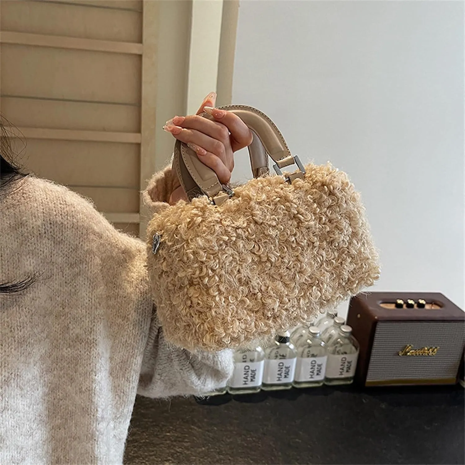 Faux Fur Crossbody Bags for Women, Fluffy Top Handle Shoulder Bag, Plush Shoulder Bag Crossbody Bag Handbag-Black