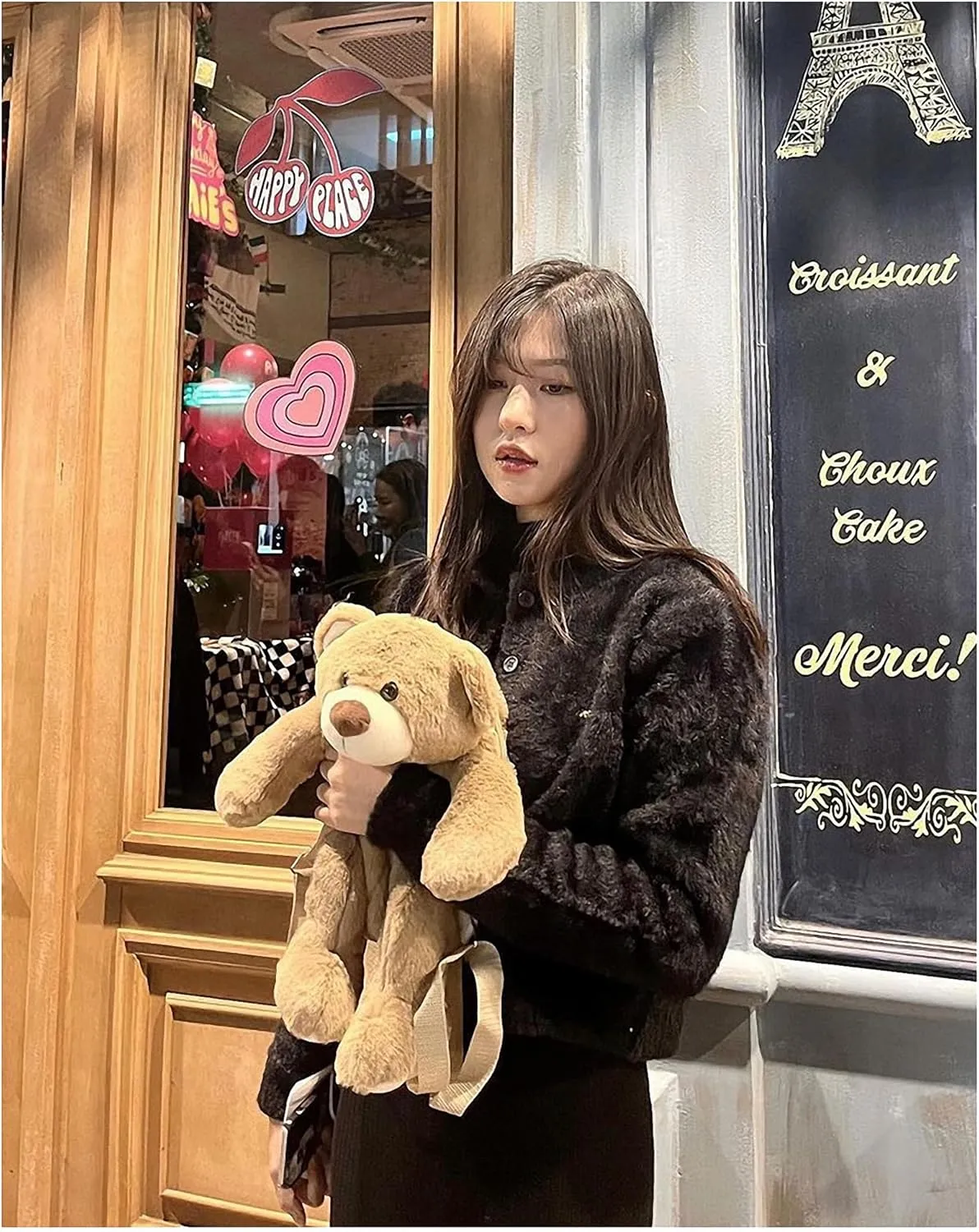Faux Fur Stuffed Teddy Bear Shaped Backpack Plush Storage Bag with Adjustable Straps Practical Crossbody Shoulder Bag