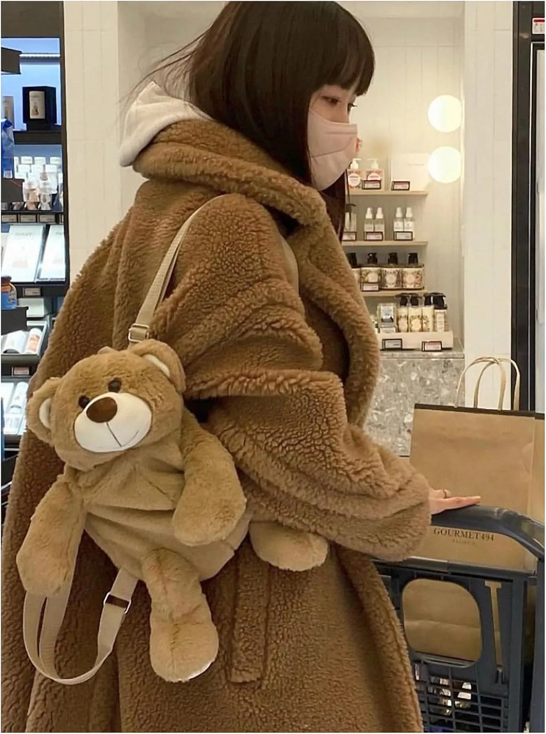 Faux Fur Stuffed Teddy Bear Shaped Backpack Plush Storage Bag with Adjustable Straps Practical Crossbody Shoulder Bag