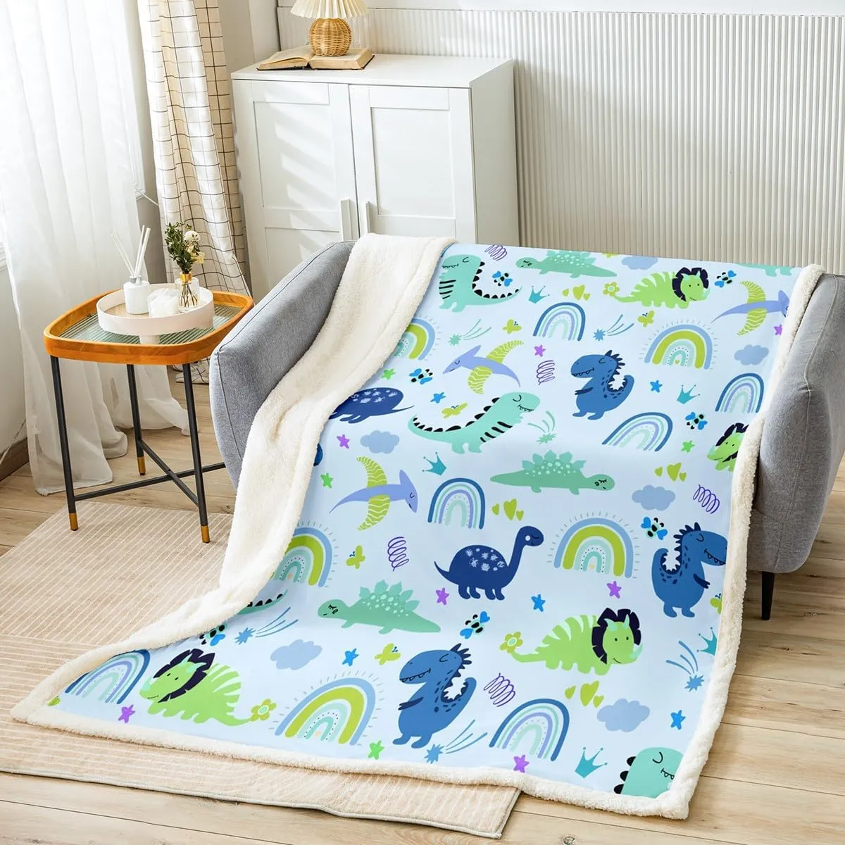 Feelyou Boys Dinosaur Toddler Sherpa Blanket Girls Blue Green Dinosaurs Fleece Throw Blanket Cute Cartoon Dino Rainbow Fuzzy Blanket for Sofa Bed Couch Kids Room Decor,Baby 30x40 Inches