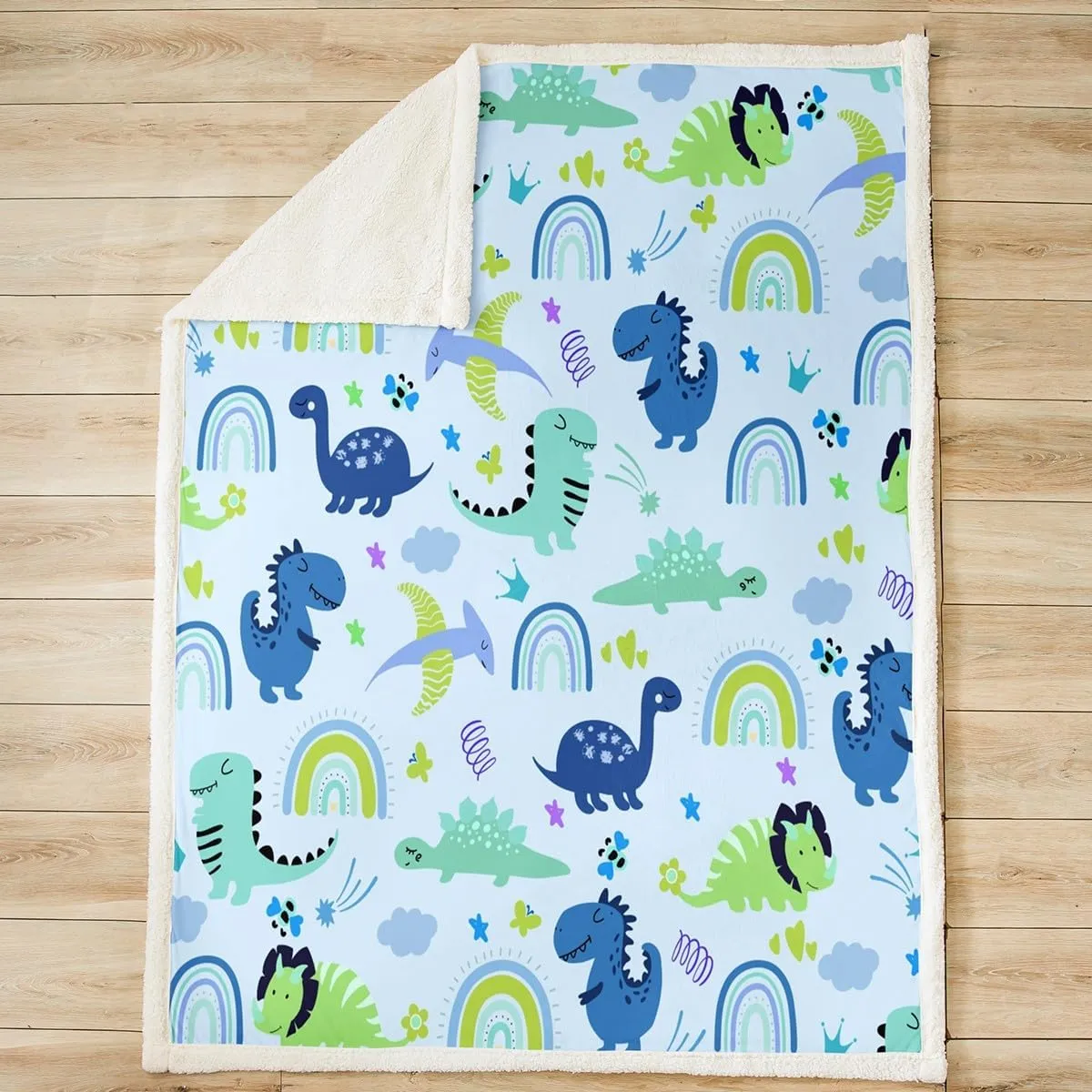 Feelyou Boys Dinosaur Toddler Sherpa Blanket Girls Blue Green Dinosaurs Fleece Throw Blanket Cute Cartoon Dino Rainbow Fuzzy Blanket for Sofa Bed Couch Kids Room Decor,Baby 30x40 Inches