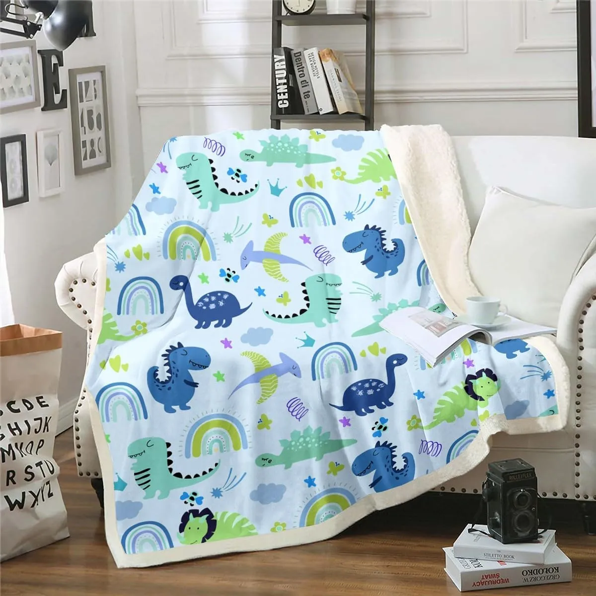 Feelyou Boys Dinosaur Toddler Sherpa Blanket Girls Blue Green Dinosaurs Fleece Throw Blanket Cute Cartoon Dino Rainbow Fuzzy Blanket for Sofa Bed Couch Kids Room Decor,Baby 30x40 Inches