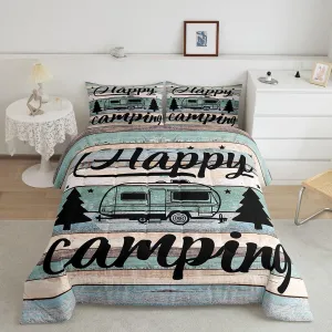 Feelyou Camper Comforter Full Size Happy Camping Bedding Kids Girls Rustic Farmhouse Style Comforter Set, Camper Accessories for Travel Trailers, Camper Must Haves,Teal Blue Vintage Wooden Quilt Set