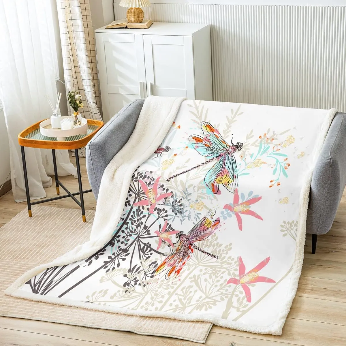Feelyou Dragonfly Fleece Sherpa Throw Blanket Soft Cozy Fluffy Botanical Fuzzy Blanket Caring Gift for Women 50"x60"
