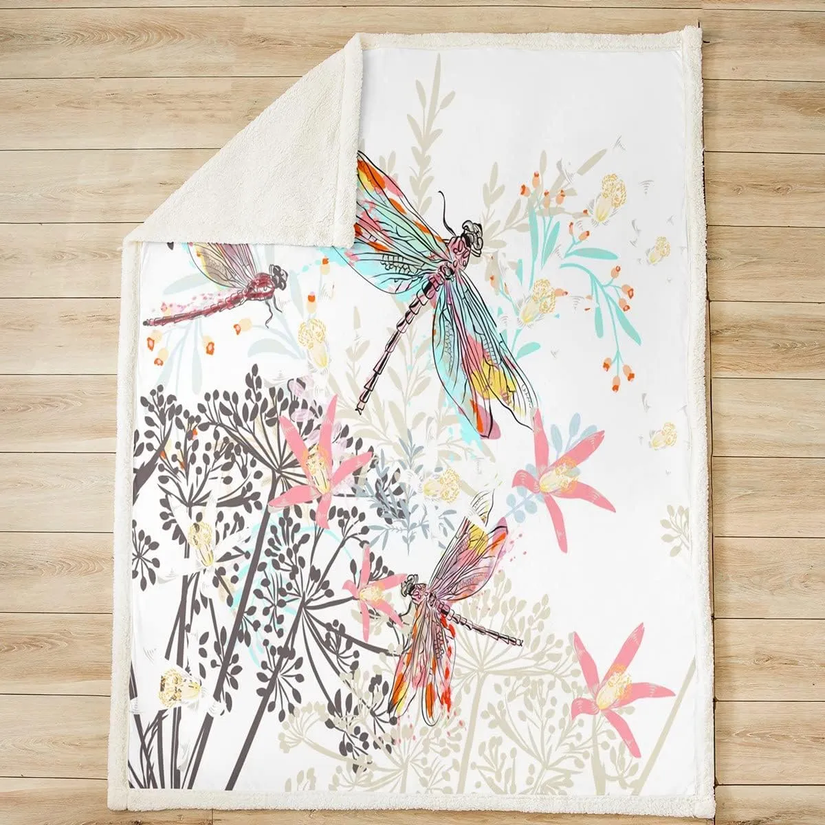 Feelyou Dragonfly Fleece Sherpa Throw Blanket Soft Cozy Fluffy Botanical Fuzzy Blanket Caring Gift for Women 50"x60"