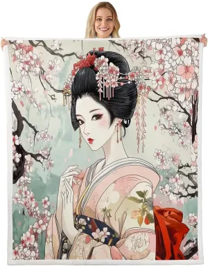 Feelyou Kids Japanese Geisha Girl Fleece Throw Blanket Queen 90"x90" Boys Girls Cherry Blossoms Plush Blanket Japanese Style Sherpa Blanket Japanese Tradition Aesthetic Fuzzy Blanket