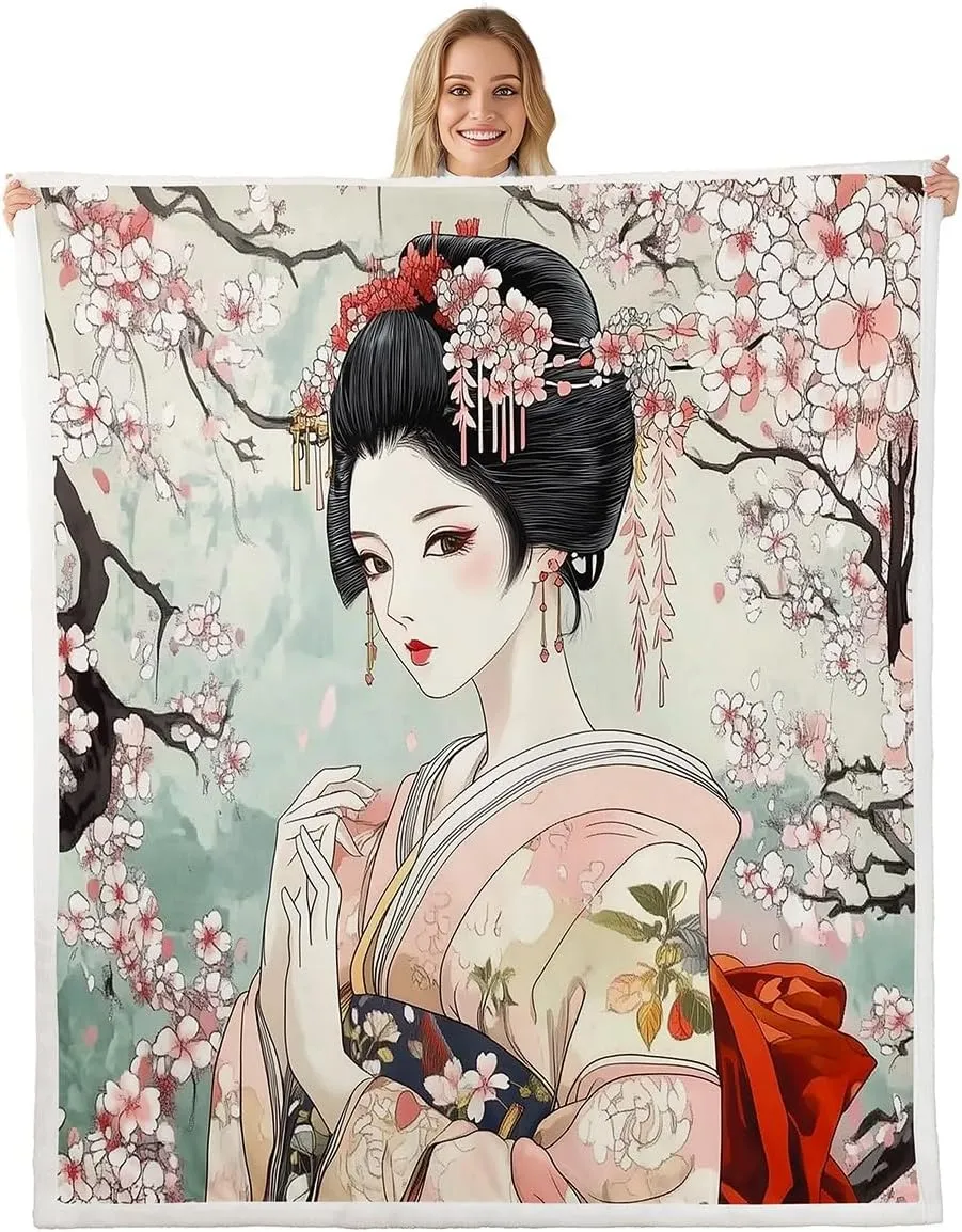 Feelyou Kids Japanese Geisha Girl Fleece Throw Blanket Queen 90"x90" Boys Girls Cherry Blossoms Plush Blanket Japanese Style Sherpa Blanket Japanese Tradition Aesthetic Fuzzy Blanket