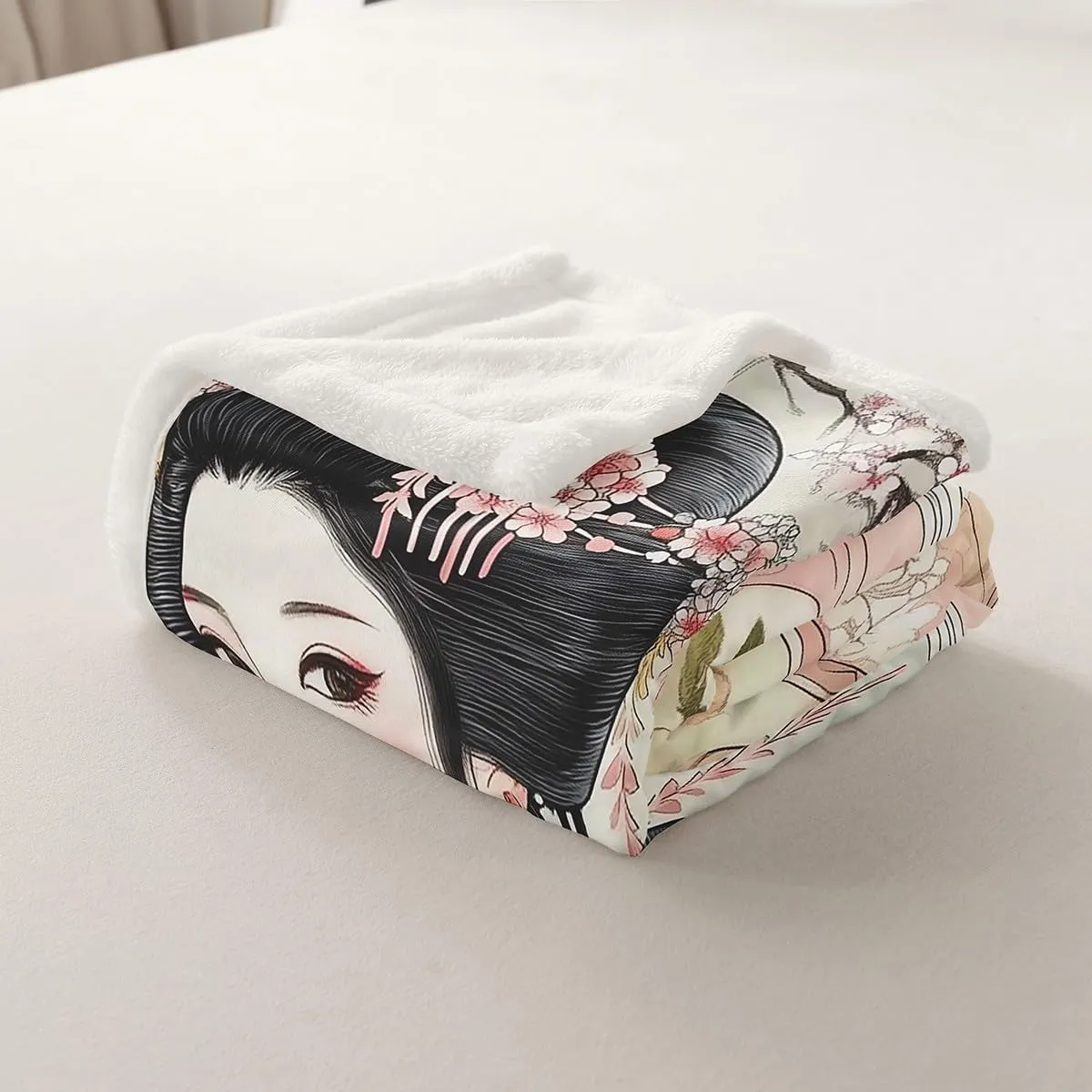 Feelyou Kids Japanese Geisha Girl Fleece Throw Blanket Queen 90"x90" Boys Girls Cherry Blossoms Plush Blanket Japanese Style Sherpa Blanket Japanese Tradition Aesthetic Fuzzy Blanket