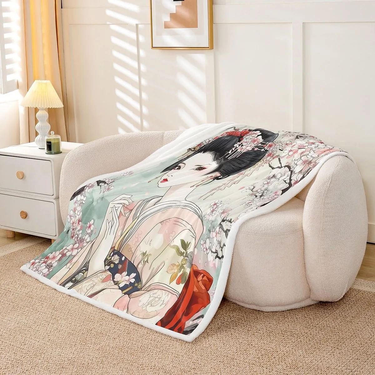 Feelyou Kids Japanese Geisha Girl Fleece Throw Blanket Queen 90"x90" Boys Girls Cherry Blossoms Plush Blanket Japanese Style Sherpa Blanket Japanese Tradition Aesthetic Fuzzy Blanket