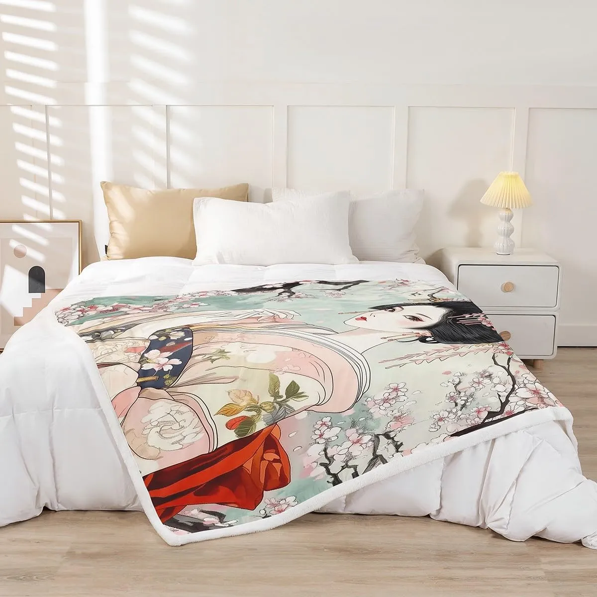 Feelyou Kids Japanese Geisha Girl Fleece Throw Blanket Queen 90"x90" Boys Girls Cherry Blossoms Plush Blanket Japanese Style Sherpa Blanket Japanese Tradition Aesthetic Fuzzy Blanket