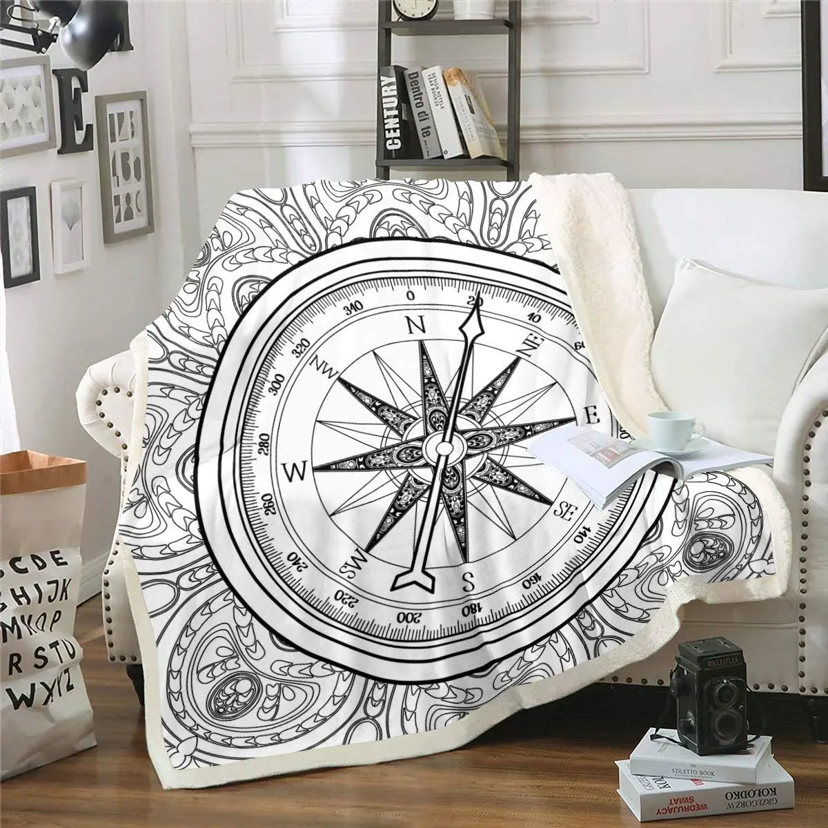 Feelyou Nautical Fleece Throw Blanket Vintage Compass Sherpa Blanket Ocean Adventure Plush Blanket Sea Fuzzy Blanket Throw 30"x40"