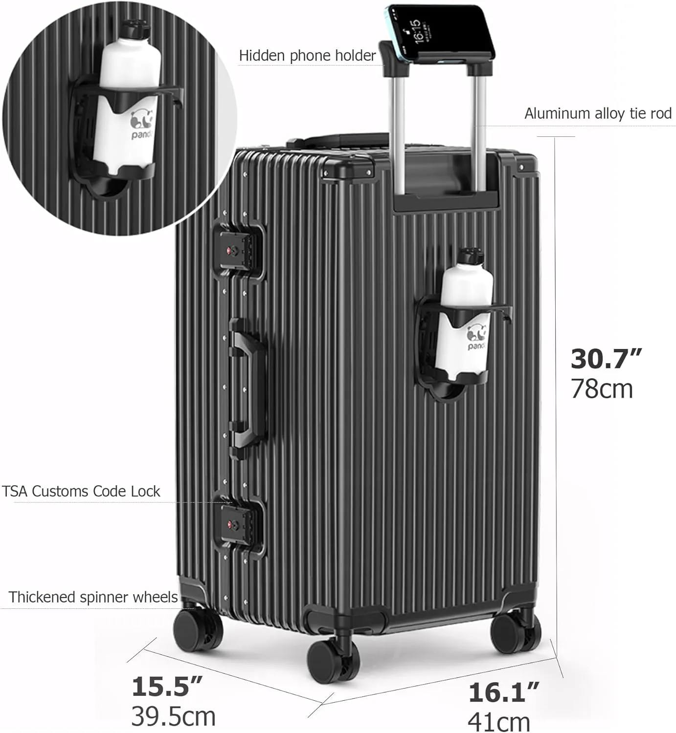 feilario 30in Super Large Captain Aluminum Frame Hardside Spinner Wheels Luggage, Removable Zipperless Checked Suitcase with Cup Holder/Phone Holder