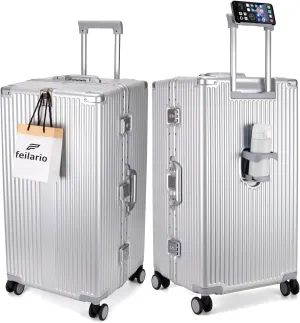 feilario 30in Super Large Captain Aluminum Frame Hardside Spinner Wheels Luggage, Zipperless Checked Suitcase with Cup Holder/Phone Holder