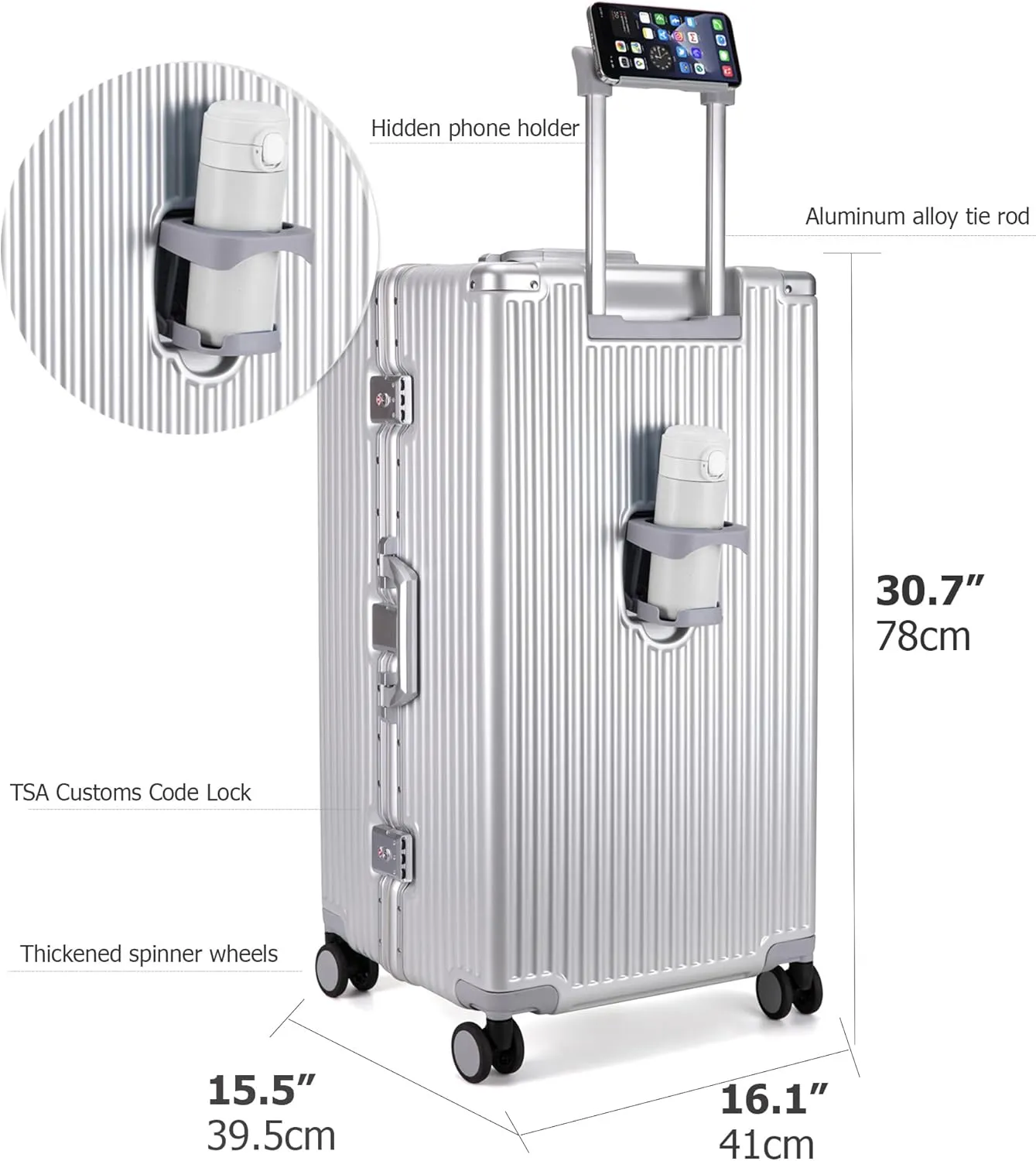 feilario 30in Super Large Captain Aluminum Frame Hardside Spinner Wheels Luggage, Zipperless Checked Suitcase with Cup Holder/Phone Holder