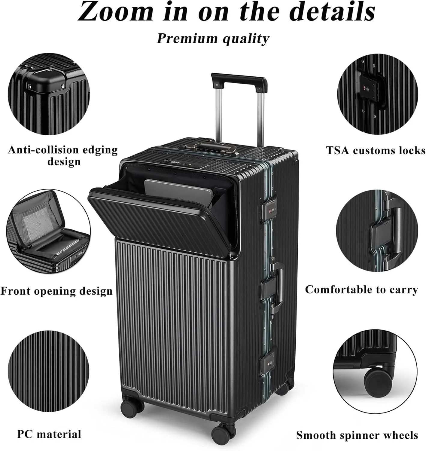 feilario 30in Super Large Captain Aluminum Frame Hardside Spinner Wheels Luggage, Zipperless Checked Suitcase with Front Compartment/Cup Holder/Phone Holder