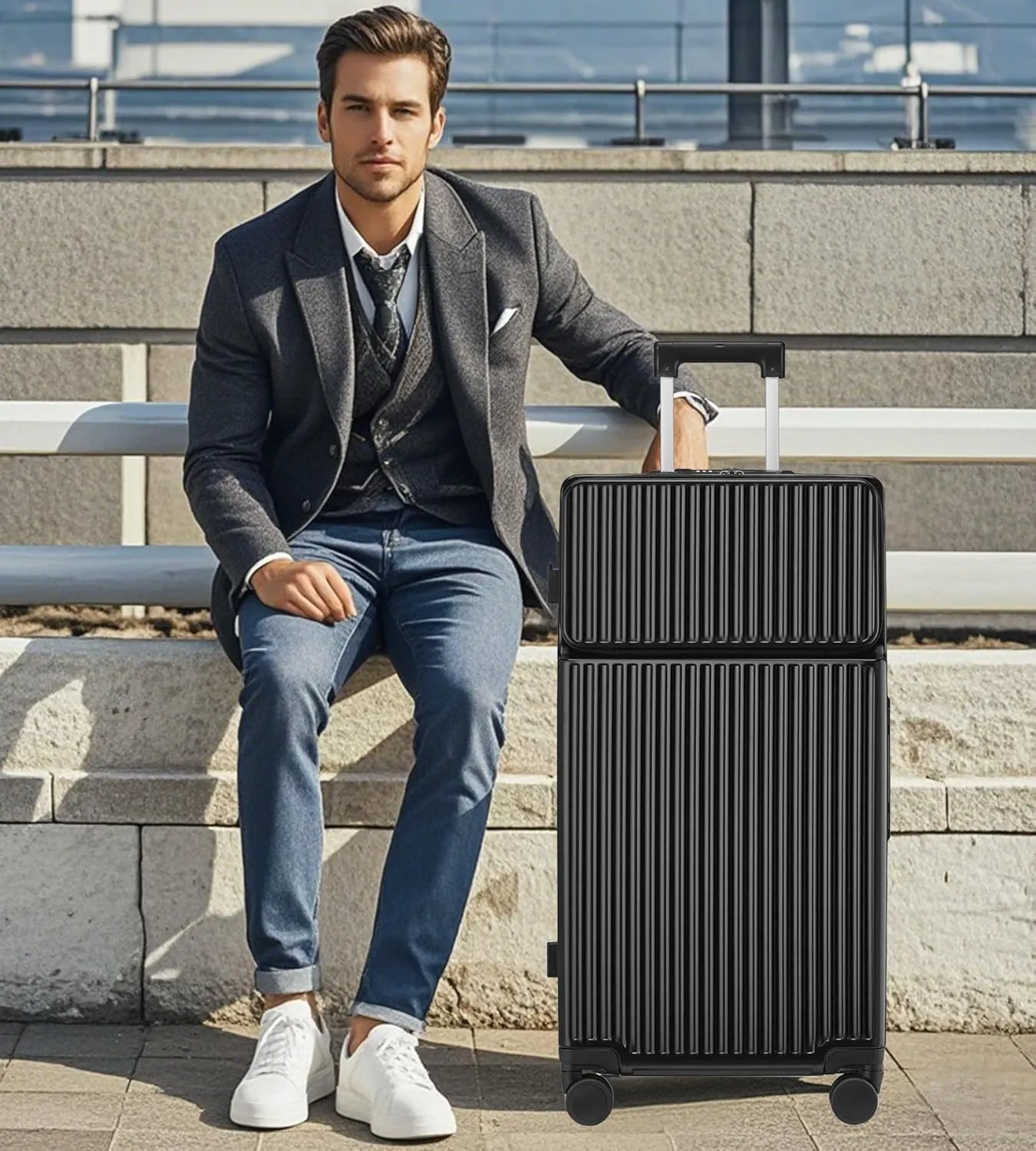feilario 30in Super Large Captain Aluminum Frame Hardside Spinner Wheels Luggage, Zipperless Checked Suitcase with Front Compartment/Cup Holder/Phone Holder