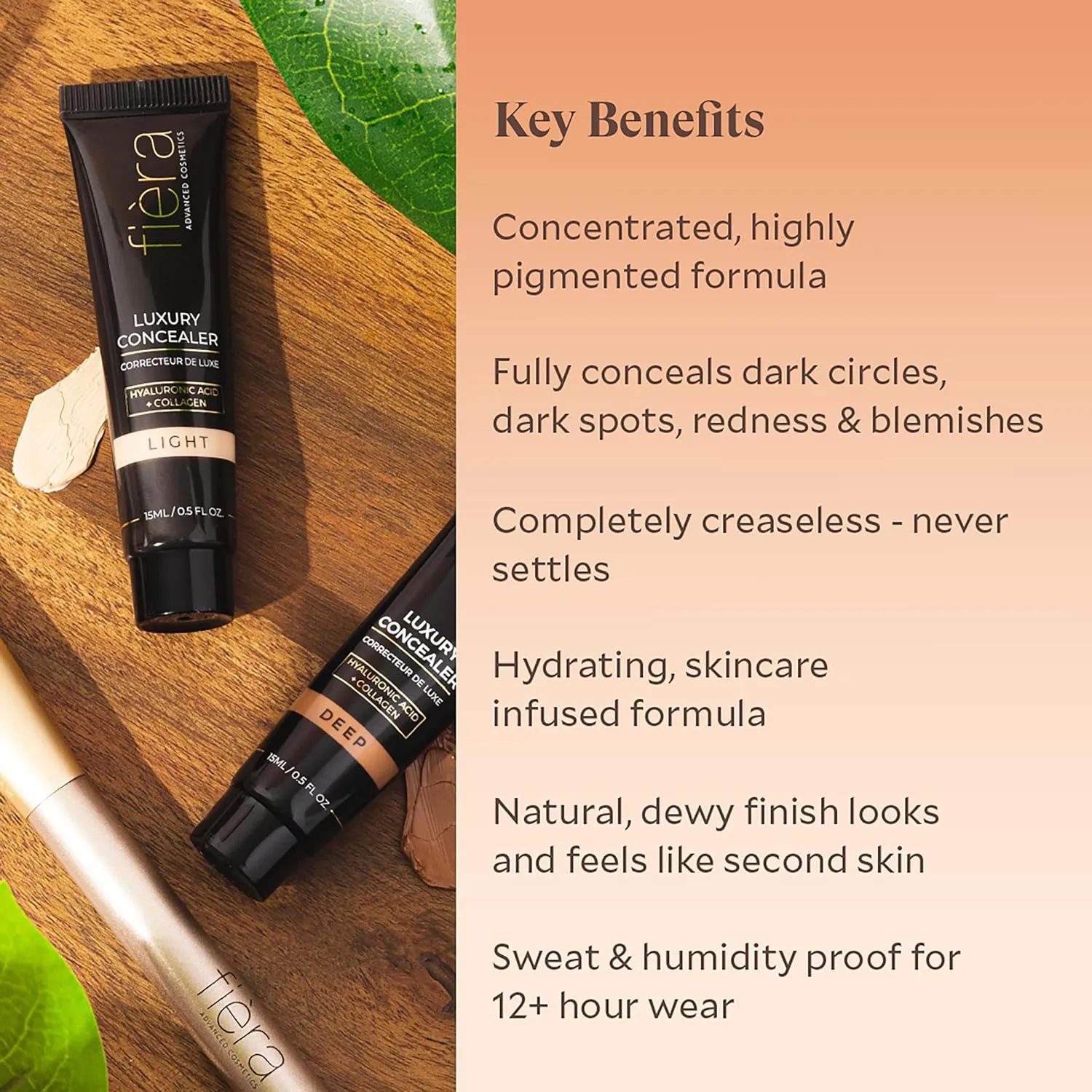 Fièra Luxury Concealer & Foundation with Anti-Aging Ingredients - Full Coverage for Dark Circles, Wrinkles, Fine Lines, and Spots, All-Day Wear For Mature Skin - Medium, 0.5 FL. OZ. / 15 ML