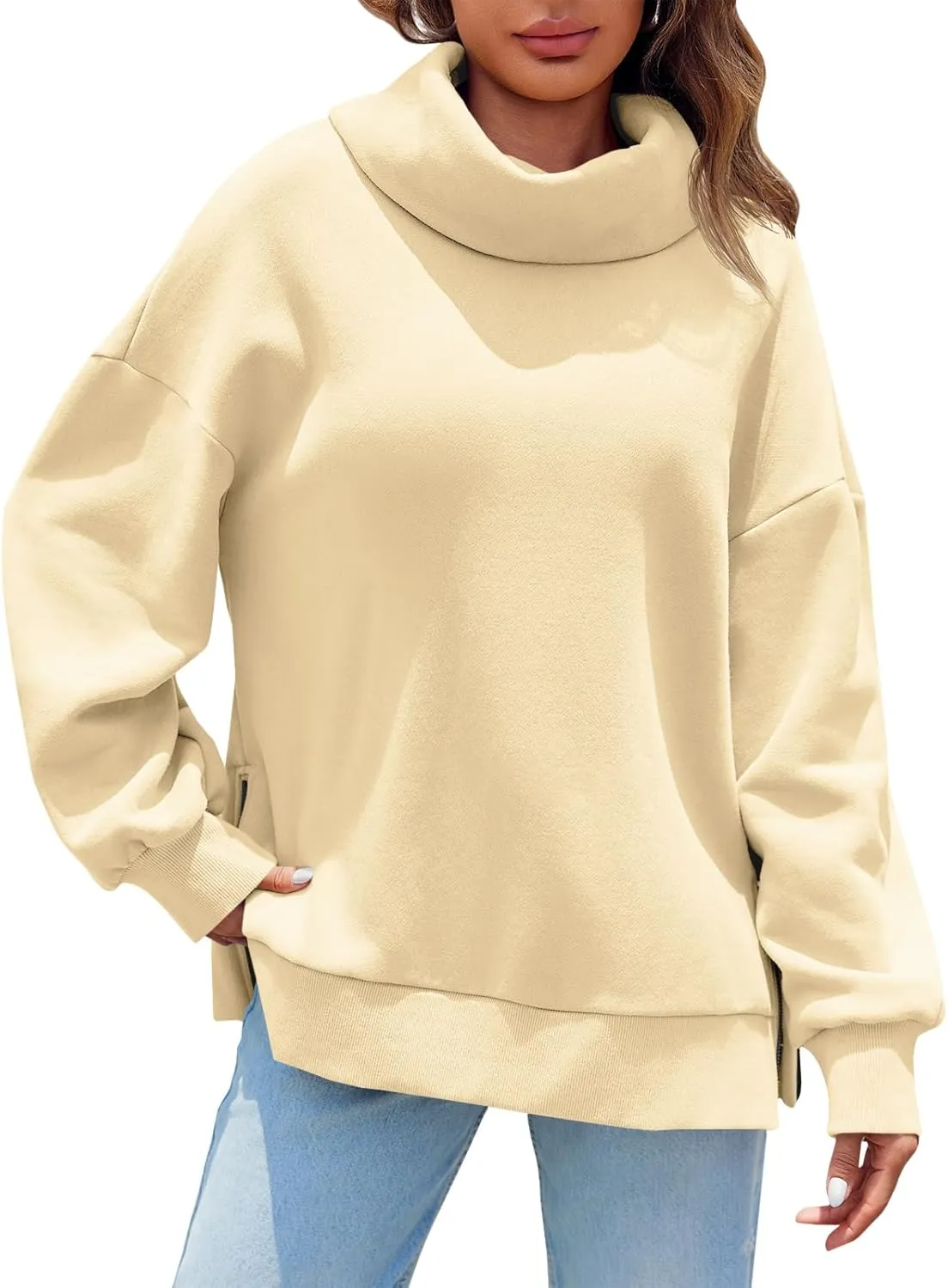 Fisoew Womens Turtleneck Oversized Sweatshirts Casual Long Sleeve Side Zip Warm Pullover Tops