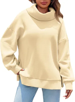 Fisoew Womens Turtleneck Oversized Sweatshirts Casual Long Sleeve Side Zip Warm Pullover Tops