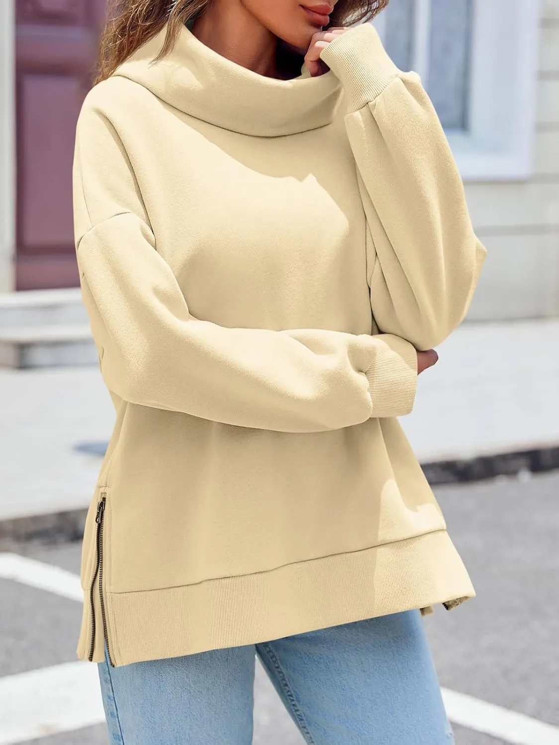 Fisoew Womens Turtleneck Oversized Sweatshirts Casual Long Sleeve Side Zip Warm Pullover Tops