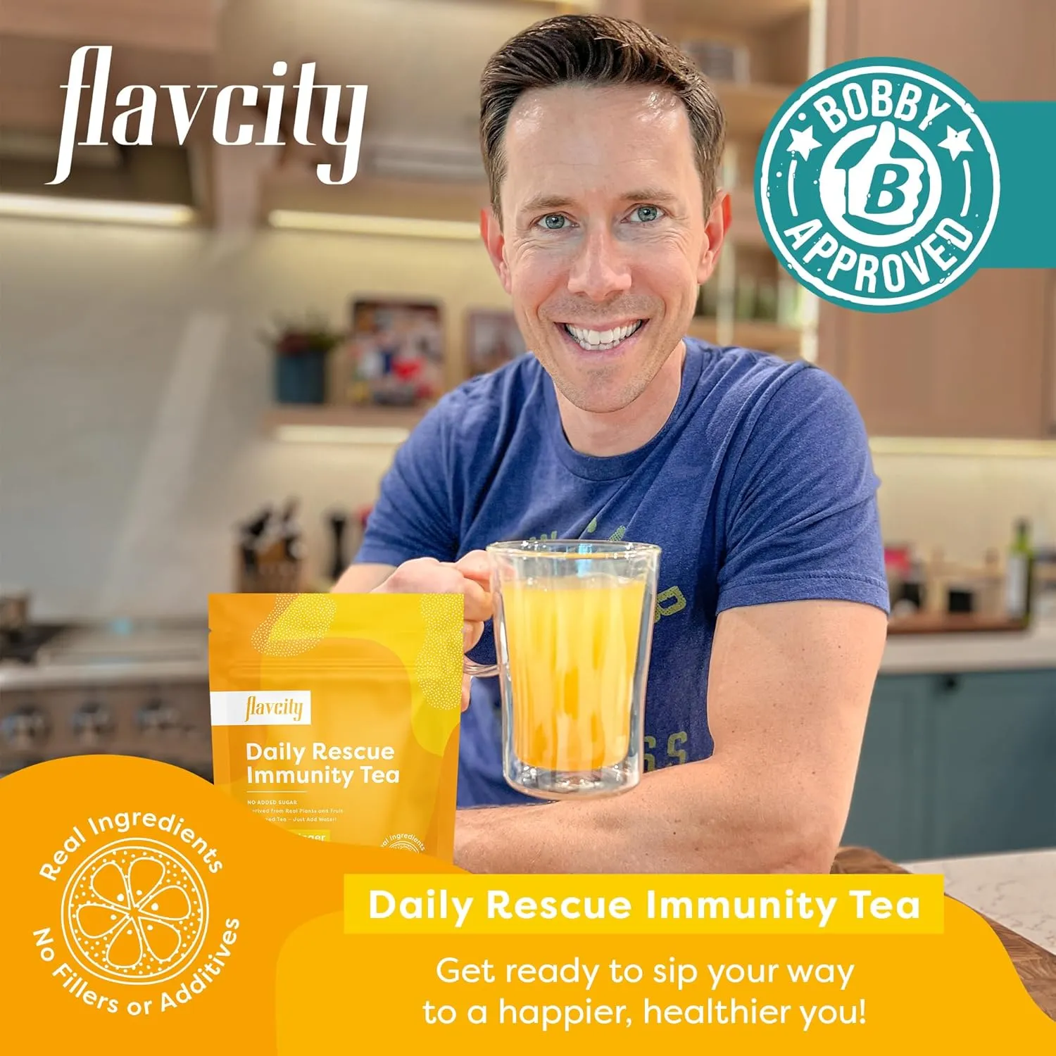 FlavCity Lemon Ginger Tea Powder – Antioxidant-Rich Herbal Tea with Turmeric & MCT Oil for Daily Immune Support – Sugar-Free, Shelf-Stable, Hot & Cold Brew, 30 Servings